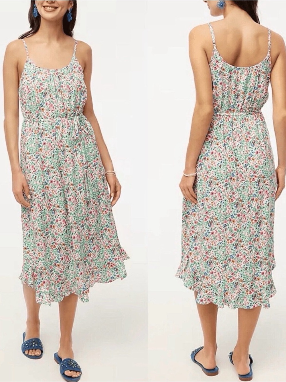 J.CREW Midi Sun Dress Ditsy Floral size 0 Ruffle Curved Hem Tie-Waist Viscose